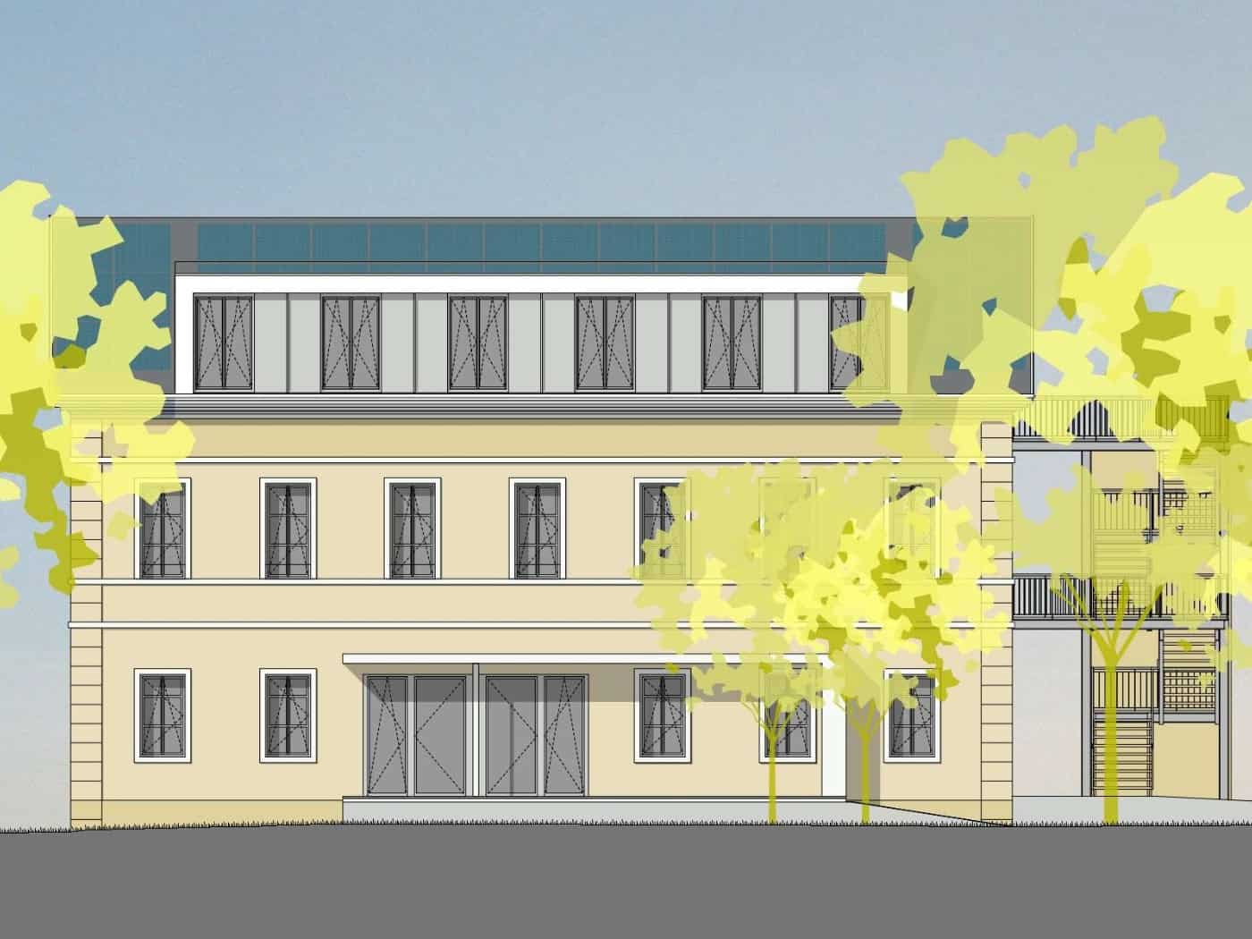 Eine farbige Architekturzeichnung der Außenansicht der zweigeschossigen Villa Akazienhof in Hellgelb.  Das modernisierte Dachgeschoss verfügt über eine lange Fensterfront und Photovoltaik-Anlagen auf dem Dach.  Stilisierte, hellgelbe Bäume stehen im Vordergrund vor der Fassade.