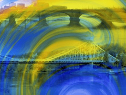 Eine künstlerische Grafik in den ukrainischen Nationalfarben Blau und Gelb. Im Zentrum ist die Dresdner Stahlbrücke „Blaues Wunder“ zu sehen, im oberen Bereich eine Steinbogenbrücke. Dynamische Farbwirbel überlagern die Flusslandschaft.