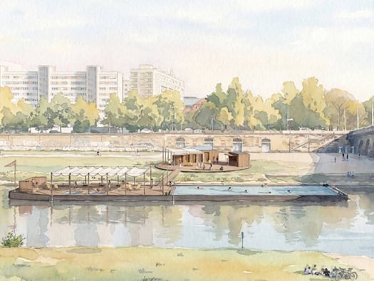 Aquarell-Illustration eines flachen Badeschiffs im Sommer, verankert an der Elbe nahe einer Brücke. Auf dem Schiff und am angrenzenden Uferbereich mit Sonnensegeln entspannen und baden zahlreiche Menschen. Im Hintergrund stehen Plattenbauten.