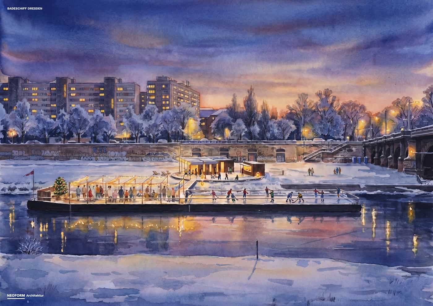 Vision für den Winter: Das Dresdner Badeschiff als schwimmende Eisbahn an der Elbe Eine stimmungsvolle Aquarell-Illustration des Badeschiffs bei Dämmerung im Winter. Das Deck ist hell erleuchtet, Menschen laufen Schlittschuh auf einer Eisfläche. Im Hintergrund sind verschneite Elbwiesen und beleuchtete Wohnhäuser zu sehen.