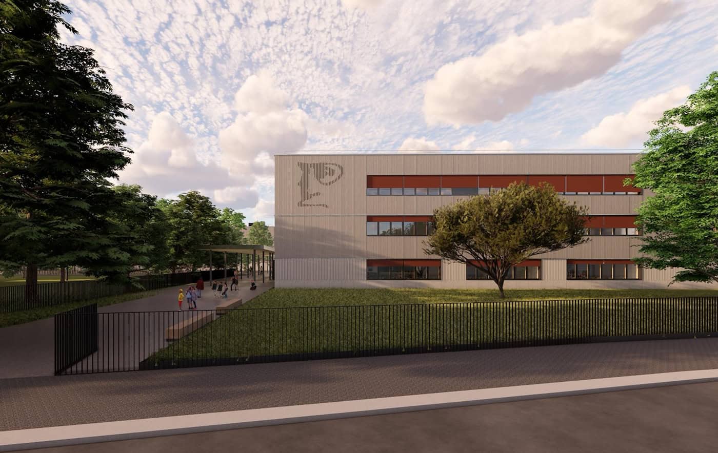 Exterior view of the new replacement building for the Bertolt Brecht High School featuring a portrait of Brecht A three-story school building with a light-colored vertical slat structure and reddish-brown blinds on the windows. A stylized graphic of Bertolt Brecht is prominently displayed on the left-hand end. A fence separates the landscaped school grounds from the street.