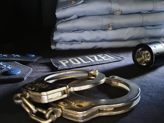 Ein Paar metallene Handschellen liegt im Vordergrund auf einer dunklen Unterlage. Dahinter sind eine schwarze Taschenlampe mit der Aufschrift „BUND“, ein Stoffaufnäher mit dem Wort „POLIZEI“, zwei Schulterklappen und ein Stapel hellblauer Hemden zu sehen.