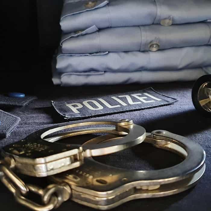 Ein Paar metallene Handschellen liegt im Vordergrund auf einer dunklen Unterlage. Dahinter sind eine schwarze Taschenlampe mit der Aufschrift „BUND“, ein Stoffaufnäher mit dem Wort „POLIZEI“, zwei Schulterklappen und ein Stapel hellblauer Hemden zu sehen.