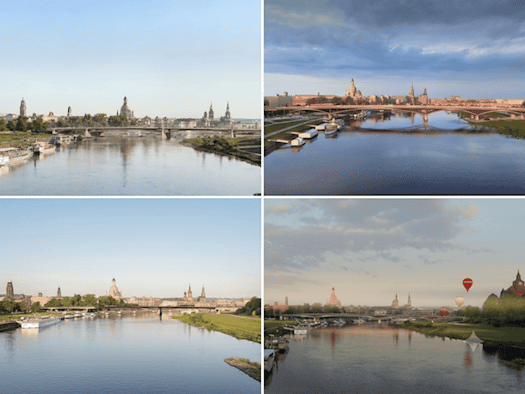 Eine Collage aus vier Bildern zeigt verschiedene Entwürfe für eine Brücke über die Elbe vor der historischen Silhouette Dresdens. Die Darstellungen visualisieren das Bauwerk bei unterschiedlichen Lichtverhältnissen, Bewölkungen und Tageszeiten.