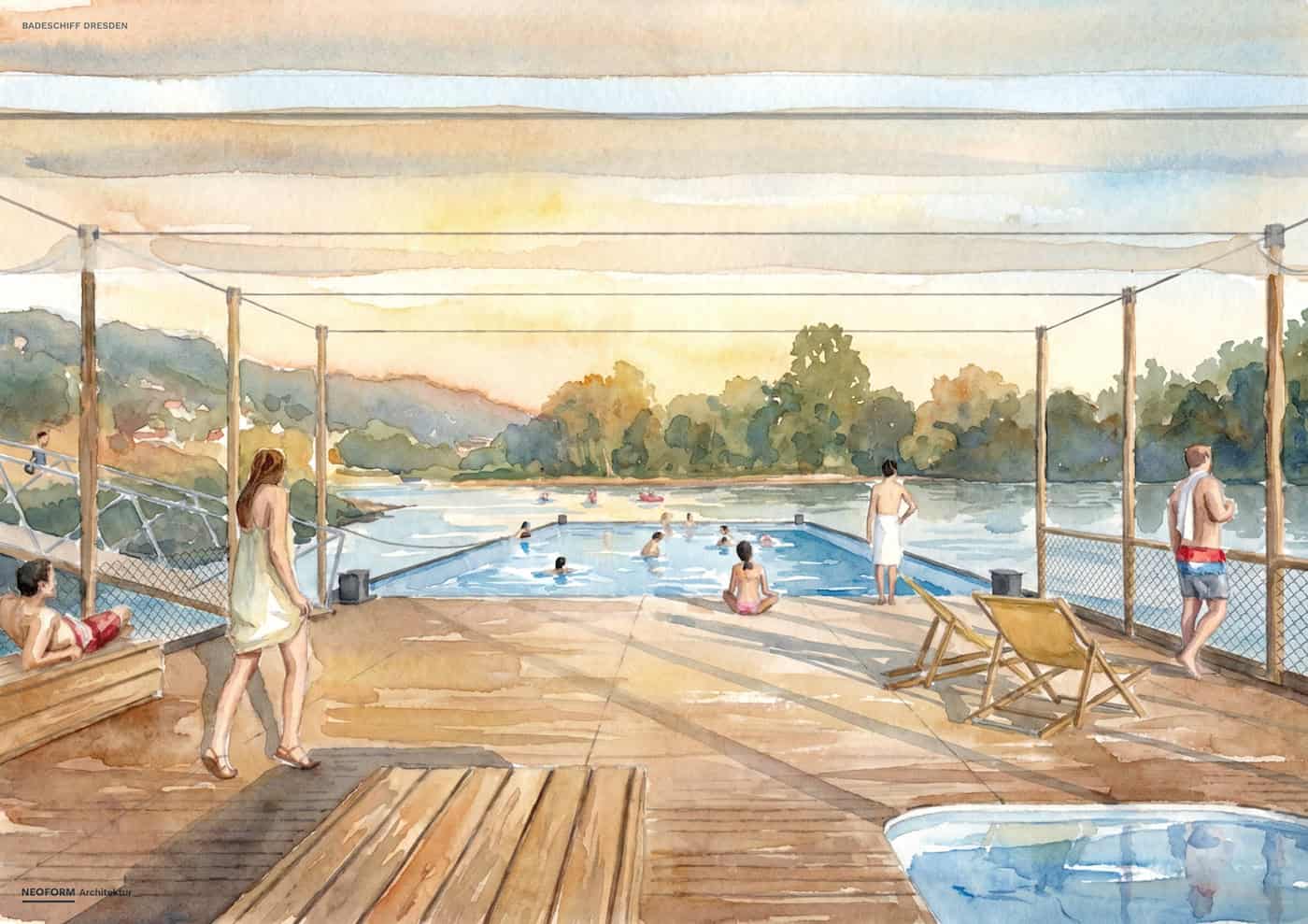 Blick vom Deck des geplanten Badeschiffs auf das integrierte Schwimmbecken Aquarell-Illustration aus der Perspektive des Holzdecks eines Schiffes. Im Zentrum befindet sich ein blaues Schwimmbecken mit Badenden. Ringsum entspannen Menschen auf Liegestühlen vor einer malerischen Flusslandschaft bei Sonnenuntergang.
