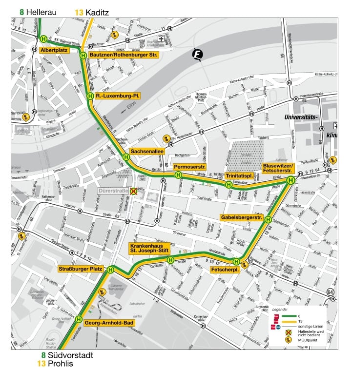 Umleitungsplan der DVB-Linien 8 und 13 über die Fetscherstraße in Dresden Kartenausschnitt des DVB-Liniennetzes in Dresden. Die Linien 8 und 13 werden wegen Bauarbeiten auf der Güntzstraße über die Blasewitzer Straße und Fetscherstraße umgeleitet. Die Haltestelle Dürerstraße ist mit einem roten Kreuz als ausfallend markiert.