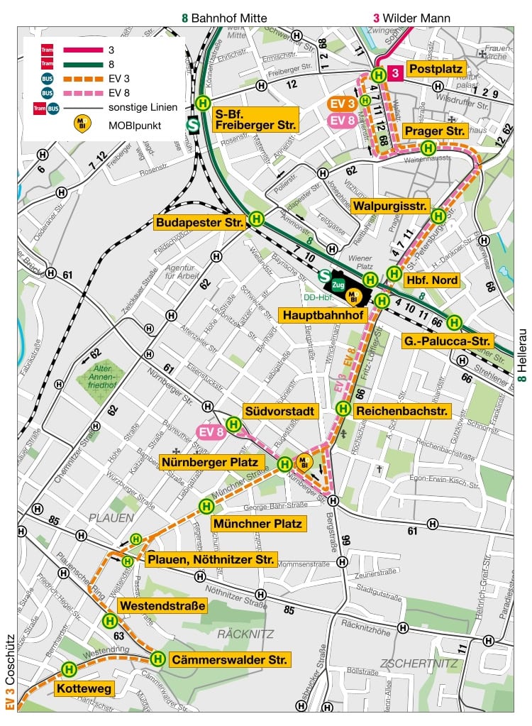 DVB-Umleitungsplan für die Linien 3 und 8 sowie Ersatzbusse EV3 und EV8 in Dresden Ein farbiger Liniennetzplan der DVB für Dresden. Er zeigt die verkürzten Routen der Straßenbahnen 3 und 8 sowie die Streckenverläufe der Ersatzbusse EV 3 und EV 8 zwischen Postplatz, Hauptbahnhof und Coschütz bzw. Südvorstadt.