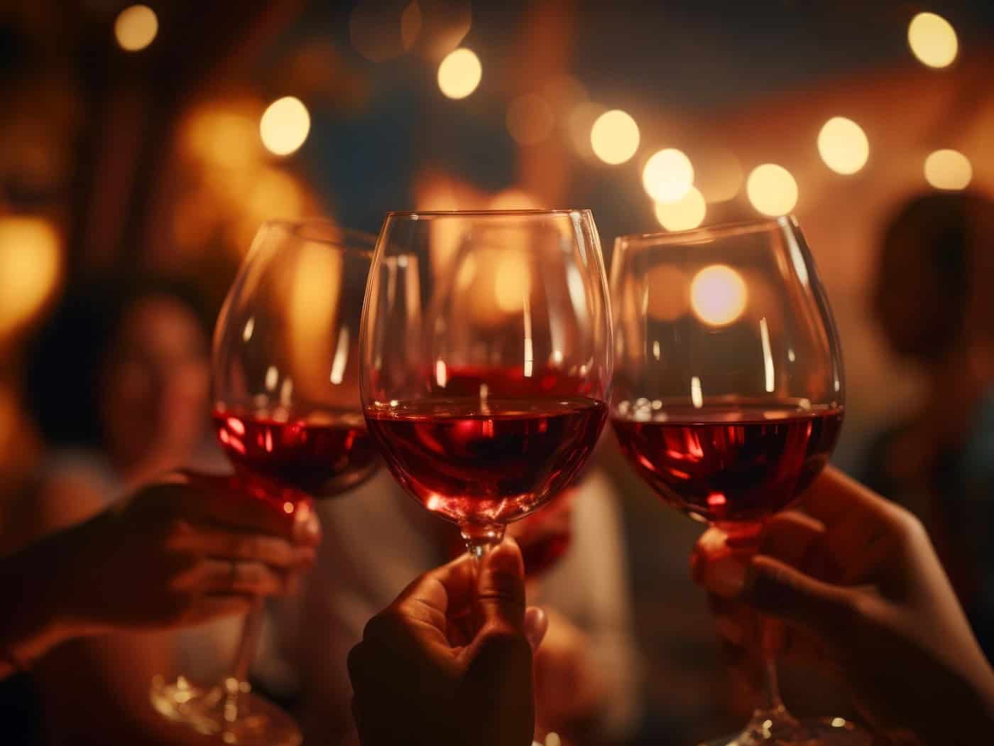 Zwei Gläser mit Rotwein werden in einer festlichen Atmosphäre mit warmen Lichtern im Hintergrund hochgehalten.