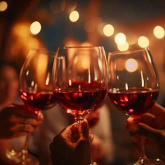 Zwei Gläser mit Rotwein werden in einer festlichen Atmosphäre mit warmen Lichtern im Hintergrund hochgehalten.