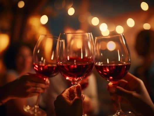 Zwei Gläser mit Rotwein werden in einer festlichen Atmosphäre mit warmen Lichtern im Hintergrund hochgehalten.