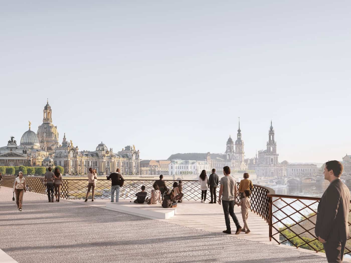 Eine architektonische Visualisierung zeigt einen breiten, begehbaren Bereich einer Brücke, den sogenannten Stadtbalkon. Menschen stehen oder sitzen auf der Fläche und blicken auf die historische Altstadt-Silhouette von Dresden.