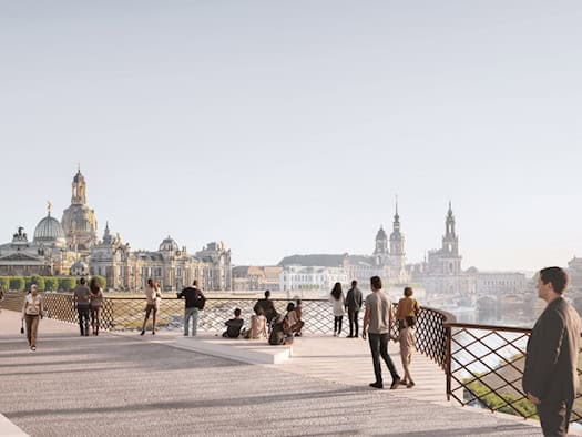 Eine architektonische Visualisierung zeigt einen breiten, begehbaren Bereich einer Brücke, den sogenannten Stadtbalkon. Menschen stehen oder sitzen auf der Fläche und blicken auf die historische Altstadt-Silhouette von Dresden.