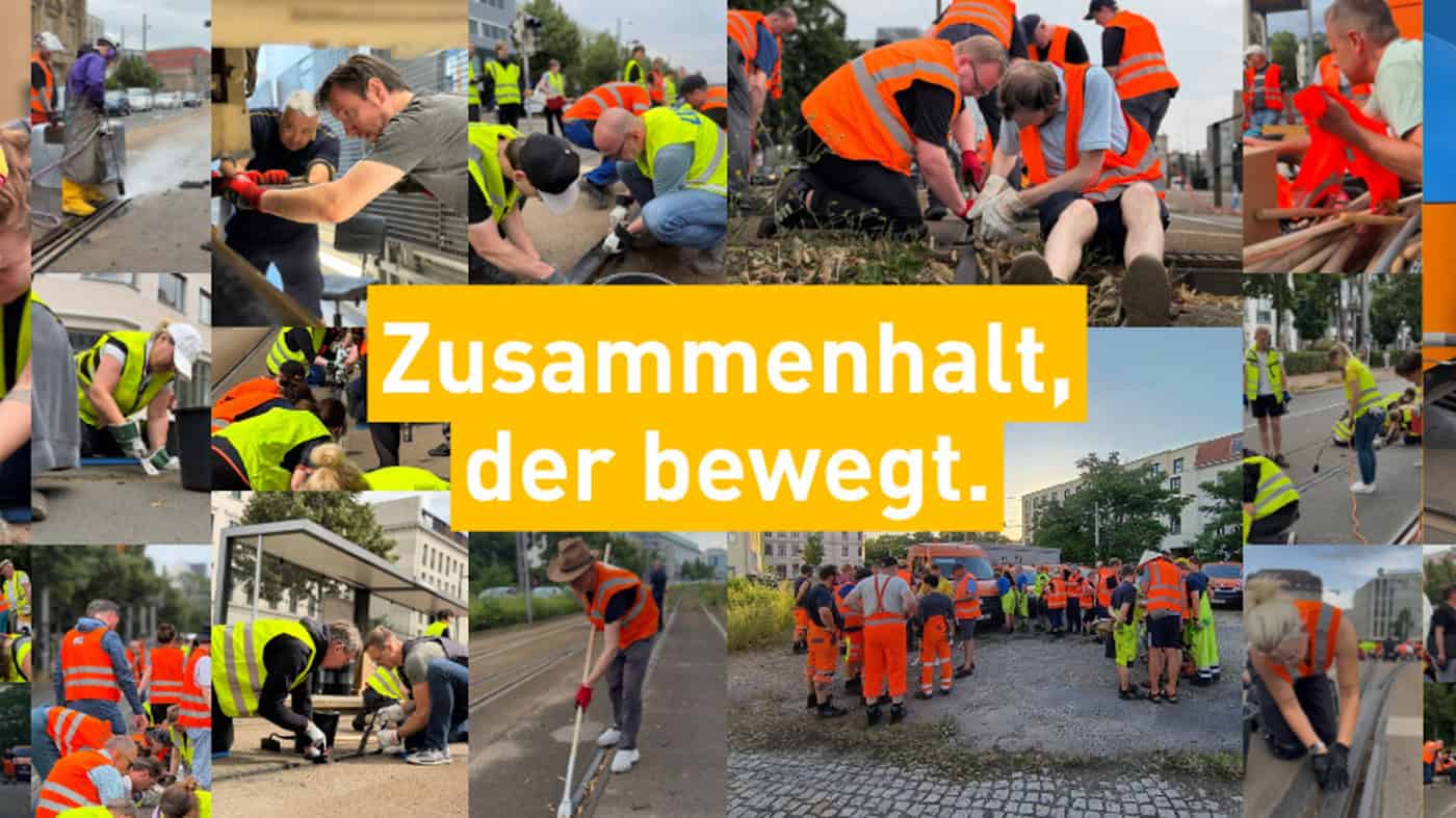 Großeinsatz auf Leipzigs Gleisbetten | Foto: Leipziger Gruppe Die Mitarbeitenden der Leipziger Gruppe und viele Ehrenamtliche reparieren die Gleise der Leipziger Straßenbahnen