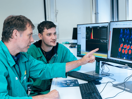 Dr. Constantin Mamat (left) and Tobias Krönke are analyzing PET data from a preclinical study at the HZDR.