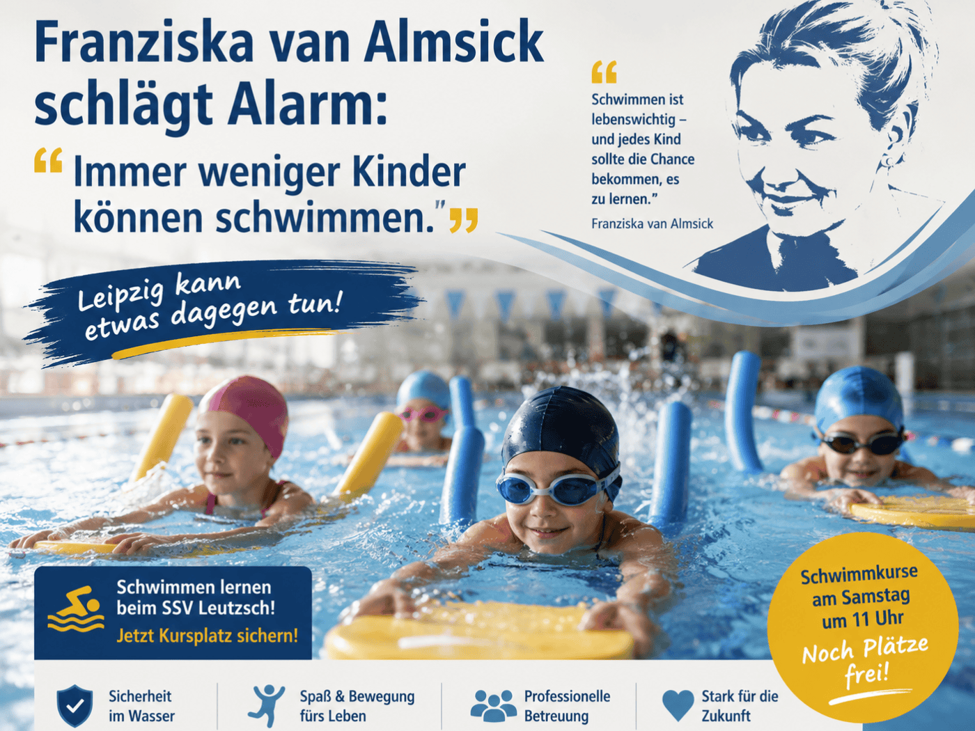 Collage mit einer illustrierten Darstellung von Franziska van Almsick sowie Kindern beim Schwimmtraining mit Schwimmbrett und Poolnudel im Wasser.