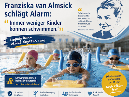 Collage mit einer illustrierten Darstellung von Franziska van Almsick sowie Kindern beim Schwimmtraining mit Schwimmbrett und Poolnudel im Wasser.