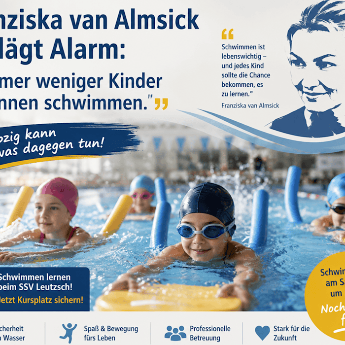 Collage mit einer illustrierten Darstellung von Franziska van Almsick sowie Kindern beim Schwimmtraining mit Schwimmbrett und Poolnudel im Wasser.