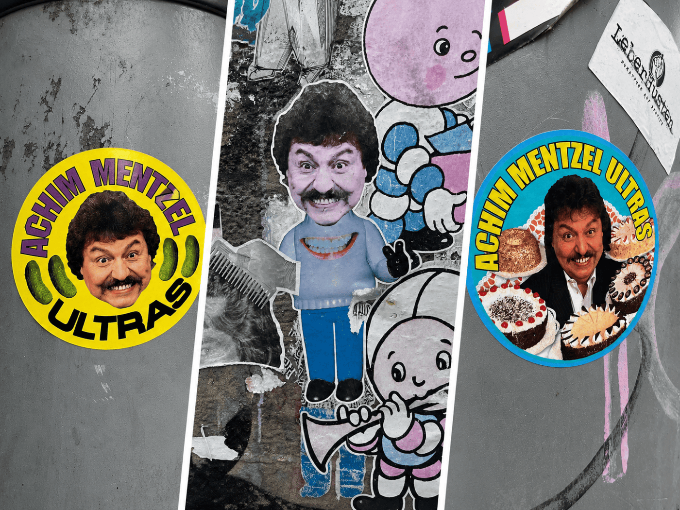 Dreigeteilte Collage von Streetart-Stickern: Links ein gelber Aufkleber mit Achim Mentzels Kopf und zwei Gurken, mittig sein Gesicht auf einer gezeichneten Figur an einer Wand, rechts ein blauer Sticker mit seinem Gesicht inmitten von Sahnetorten.