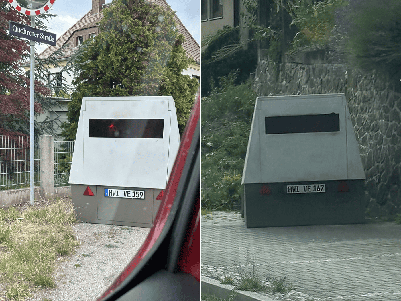 Eine zweigeteilte Collage: Links steht der graue Blitzeranhänger „HWI VE 159“ auf einem Schotterweg unter einem blau-weißen Straßenschild „Quohrener Straße“. Rechts parkt der graue Blitzeranhänger „HWI VE 167“ auf Pflastersteinen vor einer rustikalen Steinmauer.