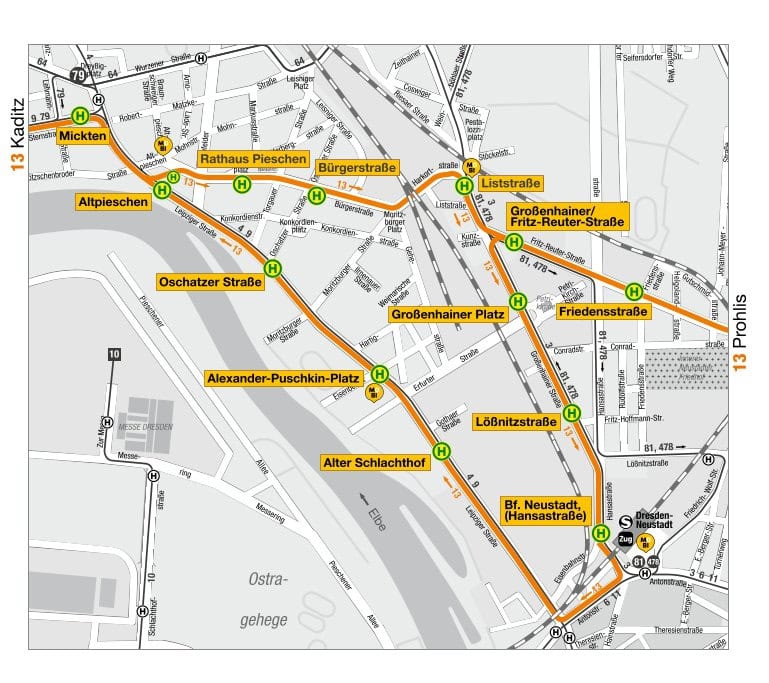 Umleitungsplan der DVB-Straßenbahnlinie 13 in Dresden Ein schematischer Stadtplanausschnitt zeigt den geänderten Streckenverlauf der Straßenbahnlinie 13 in Dresden mit gelb markierten Haltestellen von Prohlis nach Kaditz über den Bahnhof Neustadt und Pieschen.