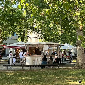 Ein schattiger Festplatz unter großen, grünen Bäumen. Im Hintergrund stehen weiße Verkaufsbuden wie der Stand „WeinZEIT“ und farbige Biertische, an denen Menschen sitzen. Im sonnigen Gras im Vordergrund picken Tauben.