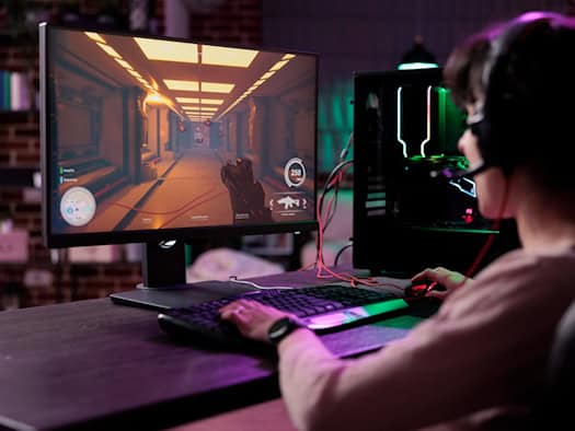 Ein Gamer in Leipzig spielt ein actionreiches Online-Spiel an einem modernen PC mit RGB-Beleuchtung.