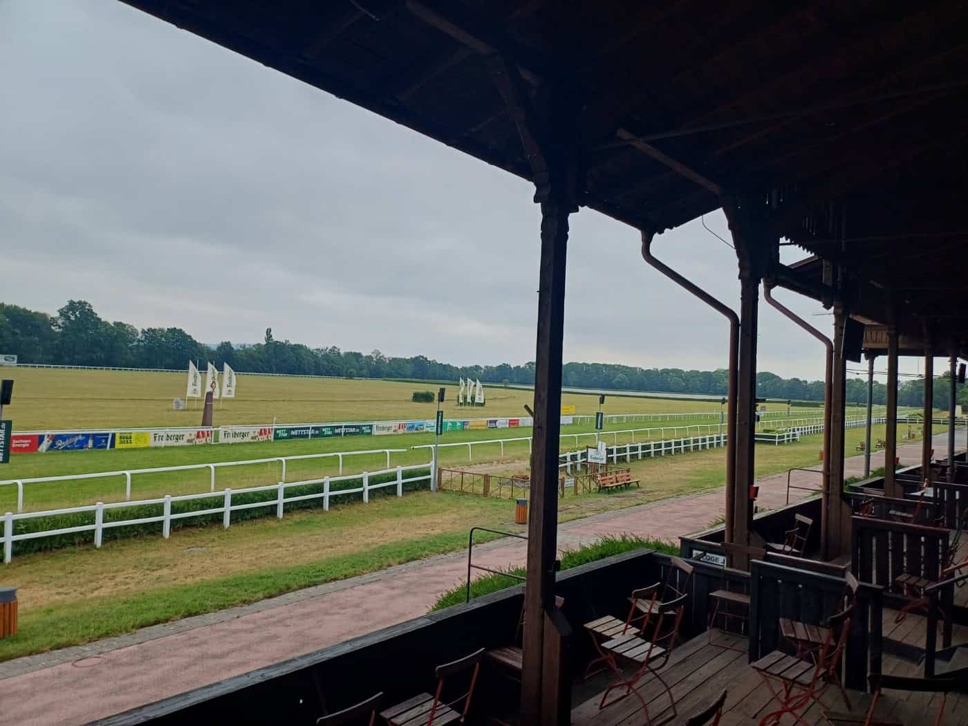 Blick aus dem schattigen Unterstand einer historischen Holztribüne mit Stühlen auf die weitläufige, grüne Rennbahn der Galopprennbahn Dresden-Seidnitz unter bewölktem Himmel. Weiß umzäunte Laufbahnen erstrecken sich bis zu den Bäumen am Horizont.  Bildunterschrift (234 Zeichen)