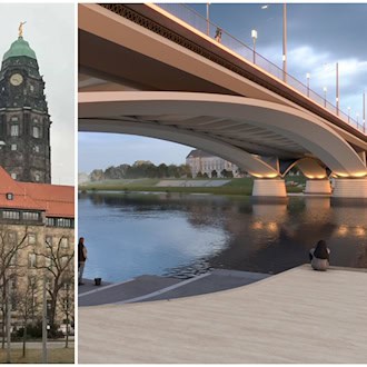Bildcollage: Links der Rathausturm von Dresden. Rechts eine Visualisierung des Entwurfs für die neue Carolabrücke von FHECOR/TSSB mit beleuchteten Bogenpfeilern über der Elbe und Personen am Ufer.