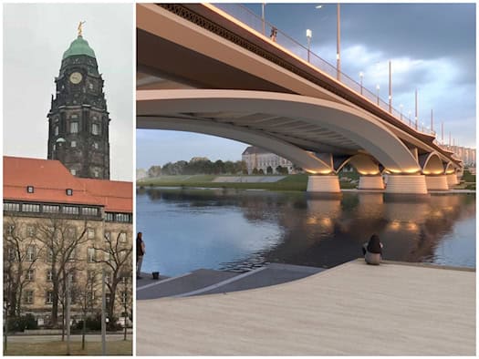 Bildcollage: Links der Rathausturm von Dresden. Rechts eine Visualisierung des Entwurfs für die neue Carolabrücke von FHECOR/TSSB mit beleuchteten Bogenpfeilern über der Elbe und Personen am Ufer.