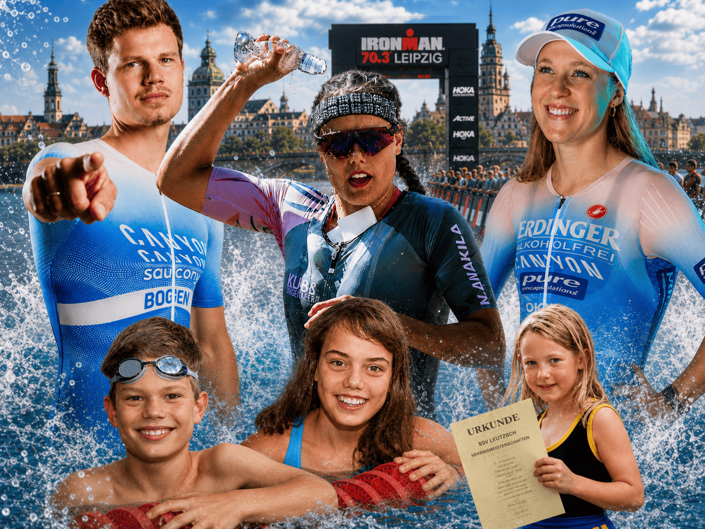 Collage mit Rico Bogen, Bianca Bogen und Caroline Pohle heute als Triathleten und als Kinder beim Schwimmen und Vereinssport in Leipzig.