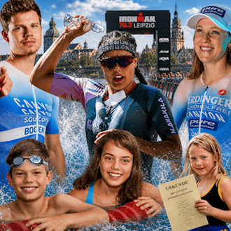 Collage mit Rico Bogen, Bianca Bogen und Caroline Pohle heute als Triathleten und als Kinder beim Schwimmen und Vereinssport in Leipzig.