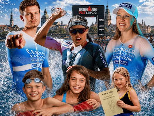 Collage mit Rico Bogen, Bianca Bogen und Caroline Pohle heute als Triathleten und als Kinder beim Schwimmen und Vereinssport in Leipzig.