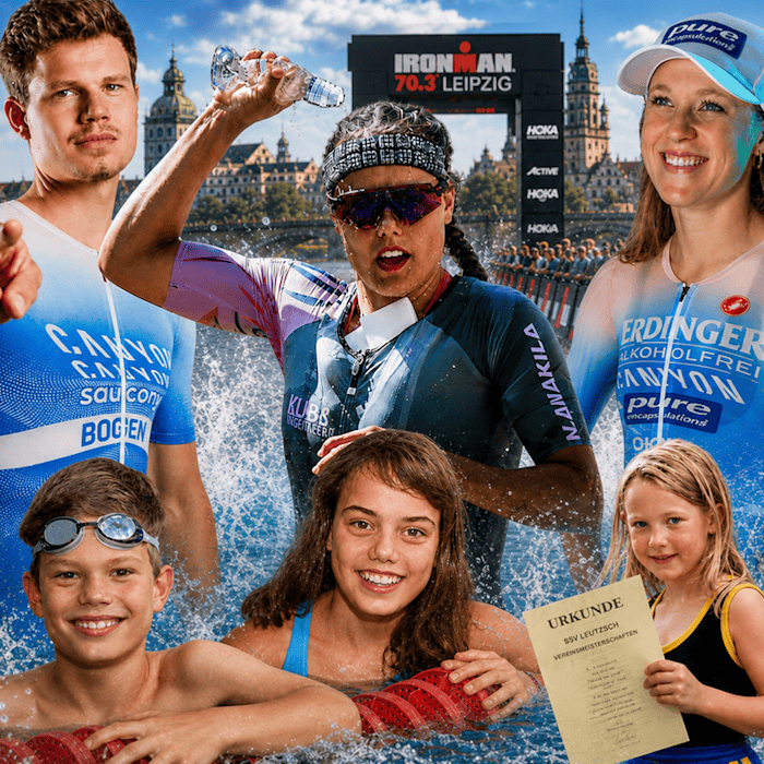 Collage mit Rico Bogen, Bianca Bogen und Caroline Pohle heute als Triathleten und als Kinder beim Schwimmen und Vereinssport in Leipzig.