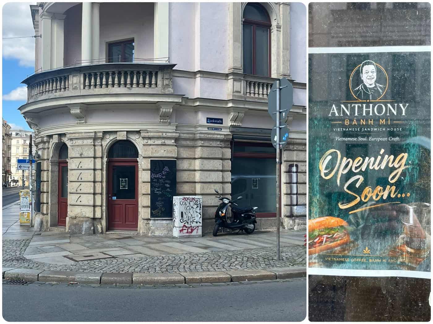 Zweiteiliges Bild: Links die Außenansicht des Eckgebäudes Hoyerswerdaer Straße in Dresden, rechts ein Poster am Fenster mit der Ankündigung „Opening Soon“ für das vietnamesische Restaurant Anthony Bánh Mì.