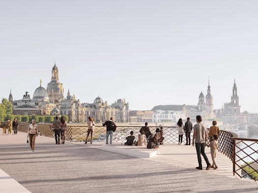 Visualisierung des Brückenentwurfs von Grassl mit Stadtbalkon. Menschen stehen an einem Rauten-Geländer und blicken über die Elbe auf die Dresdner Altstadt mit der Frauenkirche.
