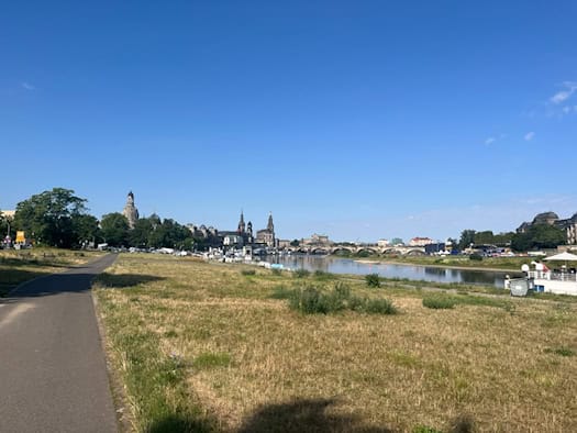 Weiter Blick über die Dresdner Elbwiesen auf die ruhige Elbe. Im Hintergrund ist bei klarem blauen Himmel die historische Altstadt mit Frauenkirche und Hofkirche zu sehen. Links im Vordergrund verläuft ein asphaltierter Fuß- und Radweg.