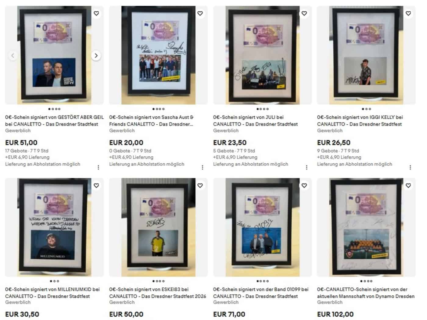 Screenshot mehrerer eBay-Auktionen für gerahmte und signierte 0-Euro-Scheine von Prominenten wie Dynamo Dresden und 01099. Unter den Bildern stehen aktuelle Gebote für die Spendenaktion zum Römischen Bad.