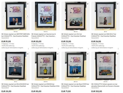 Screenshot mehrerer eBay-Auktionen für gerahmte und signierte 0-Euro-Scheine von Prominenten wie Dynamo Dresden und 01099. Unter den Bildern stehen aktuelle Gebote für die Spendenaktion zum Römischen Bad.