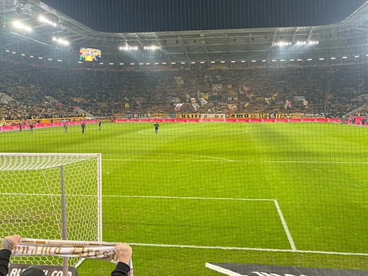 Blick durch ein Fangnetz auf das beleuchtete Fußballstadion von Dynamo Dresden bei Nacht. Im Vordergrund hält ein Fan einen schwarz-gelben Schal nach oben, im Hintergrund ist die gefüllte Fankurve mit geschwenkten Fahnen und Banner zu sehen.