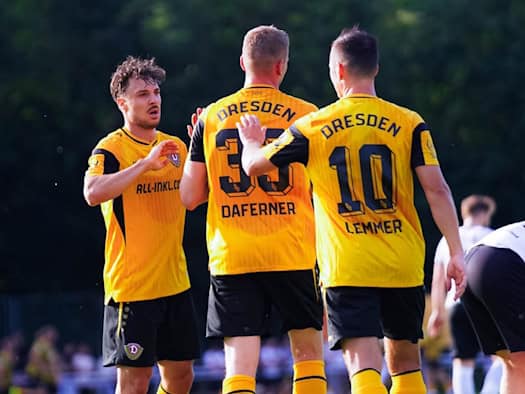 Drei Spieler von Dynamo Dresden in gelb-schwarzen Trikots stehen auf dem Rasen. Auf den Trikotrücken sind die Namen Daferner und Lemmer sowie die Rückennummern zu erkennen.