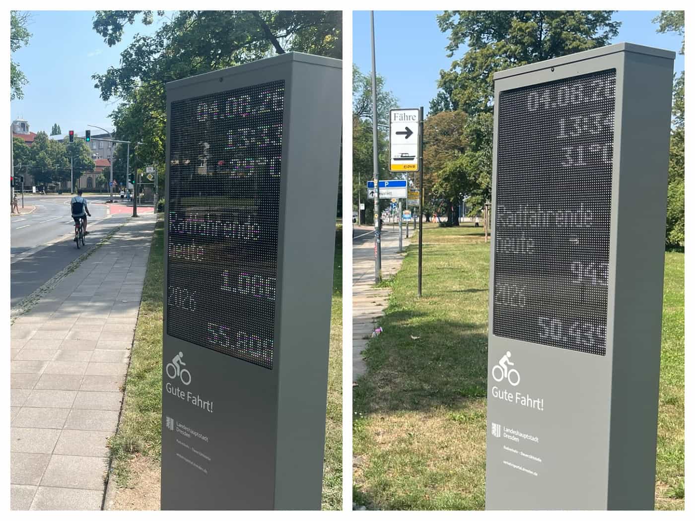 Digitale Fahrradbarometer am Sachsenplatz in Dresden Die zwei digitalen Zählsäulen für Radfahrer am Dresdner Sachsenplatz: Die graue Stele zeigt Datum, Temperatur und Zählerstände auf einem LED-Display sowie das Logo der Landeshauptstadt Dresden.