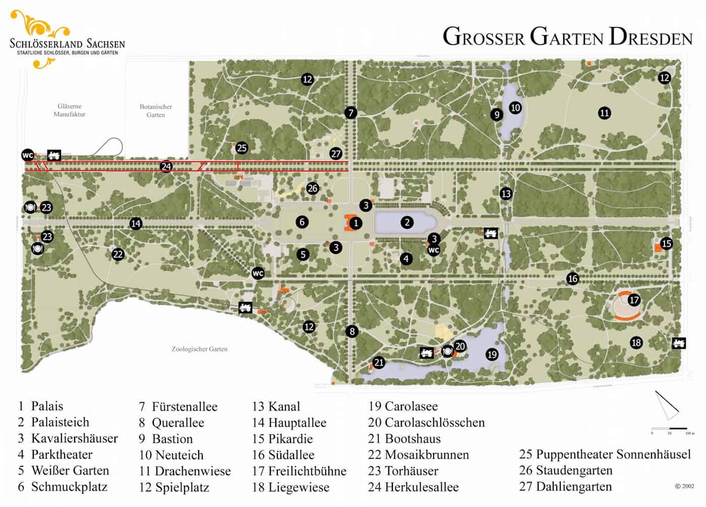 Lageplan Großer Garten Dresden mit markierter Sperrung der Herkulesallee Übersichts-Lageplan des Großen Gartens Dresden von Schlösserland Sachsen. Ein rot eingerahmter Abschnitt hebt die gesperrte Herkulesallee zwischen der Lennéstraße am Bahnhof Straßburger Platz und dem Dahliengarten hervor.