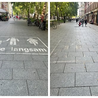 Fotocollage der Dresdner Hauptstraße: Links ein gut sichtbares Bodenpiktogramm mit der Aufschrift „Bitte langsam“, rechts eine fast vollständig abgefahrene, kaum noch erkennbare Bodenmarkierung auf den Gehwegplatten.