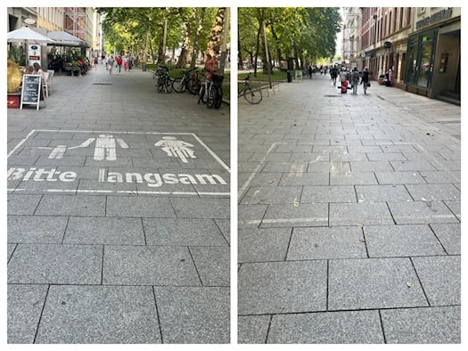 Fotocollage der Dresdner Hauptstraße: Links ein gut sichtbares Bodenpiktogramm mit der Aufschrift „Bitte langsam“, rechts eine fast vollständig abgefahrene, kaum noch erkennbare Bodenmarkierung auf den Gehwegplatten.