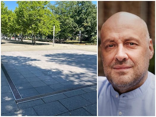 Zweigeteiltes Bild: Links eine trockene Pflasterfläche mit Düsen eines Wasserspiels auf dem Jorge-Gomondai-Platz unter Bäumen. Rechts das Porträt eines leicht lächelnden Mannes mit Dreitagebart im hellblauen Hemd.