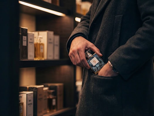 Symbolfoto zum Thema Ladendiebstahl: Eine Hand steckt einen Parfumflakon heimlich in die Manteltasche. Im Hintergrund sind Regale mit verschiedenen Parfumverpackungen in einem Geschäft zu sehen.