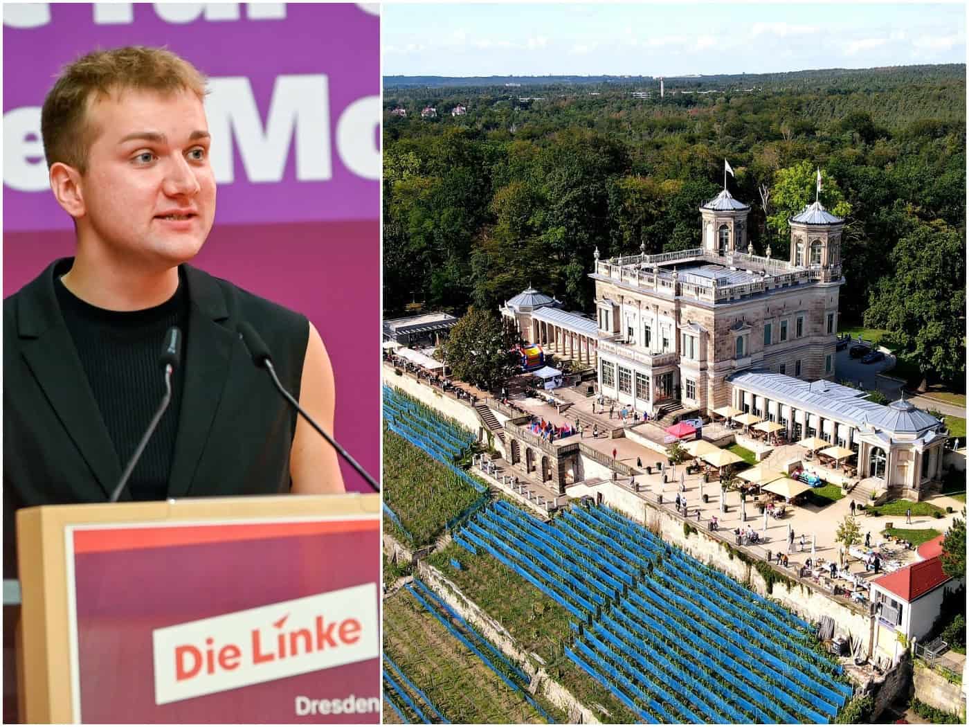 Zweigeteiltes Bild: Links Parteichef Florian Berndt am Rednerpult der Partei Die Linke. Rechts eine Luftaufnahme des historischen Lingnerschlosses in Dresden auf einem Hang mit Weinbergen und Außengastronomie.