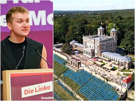 Zweigeteiltes Bild: Links Parteichef Florian Berndt am Rednerpult der Partei Die Linke. Rechts eine Luftaufnahme des historischen Lingnerschlosses in Dresden auf einem Hang mit Weinbergen und Außengastronomie.