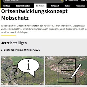 Screenshot der städtischen Website dresden.de mit der Überschrift „Ortsentwicklungskonzept Mobschatz“. Darunter steht der Aufruf „Jetzt beteiligen“ mit dem Zeitraum 1. September bis 2. Oktober 2026 sowie zwei Luftbild-Grafiken.