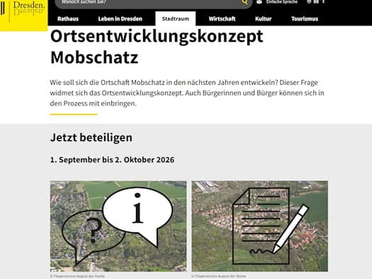 Screenshot der städtischen Website dresden.de mit der Überschrift „Ortsentwicklungskonzept Mobschatz“. Darunter steht der Aufruf „Jetzt beteiligen“ mit dem Zeitraum 1. September bis 2. Oktober 2026 sowie zwei Luftbild-Grafiken.